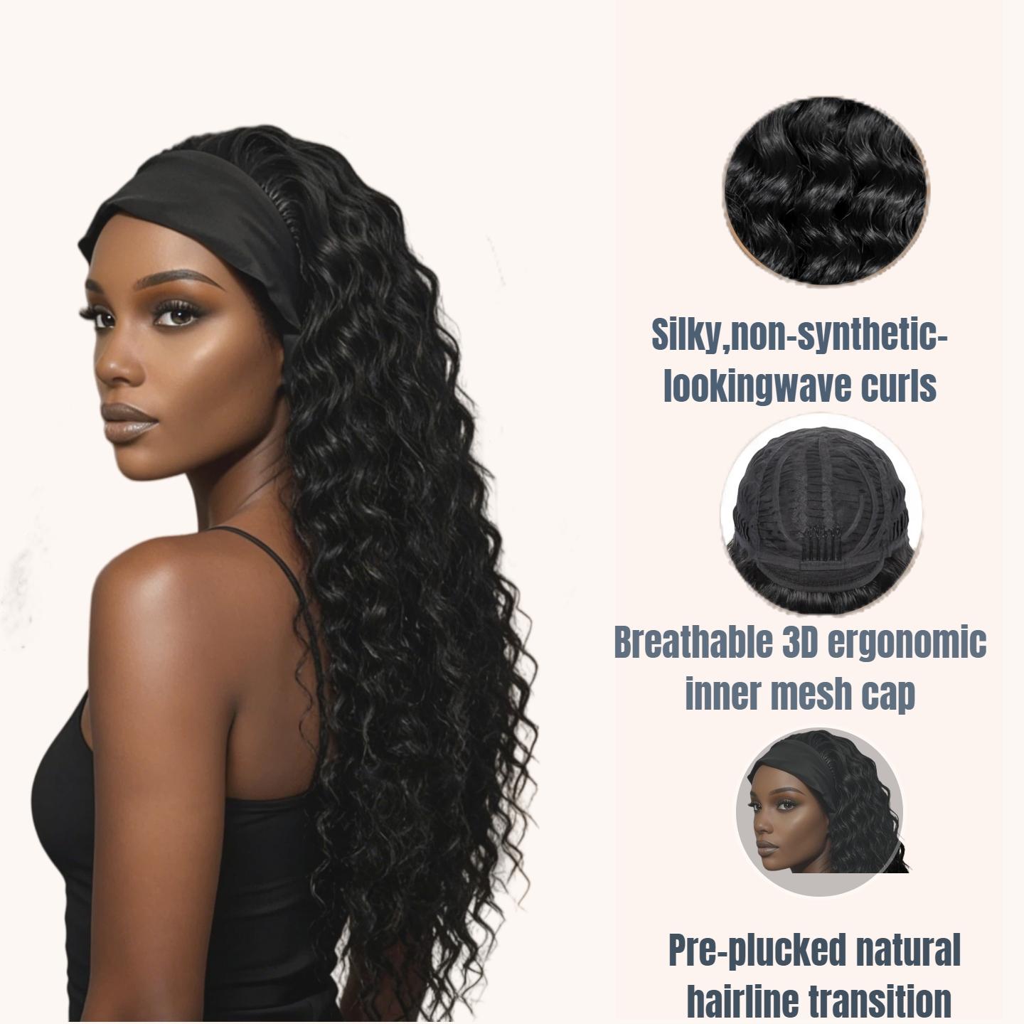 chocolate brown wigHeadband Wig — Synthetic Deep Wave Wig (26 Inches) — Glueless, Lace-Free Front — Deep Curl Texture — Brazilian Virgin Hair — "Ready-to-Wear" Style — Designed for Black Women — 150% Hair Density
