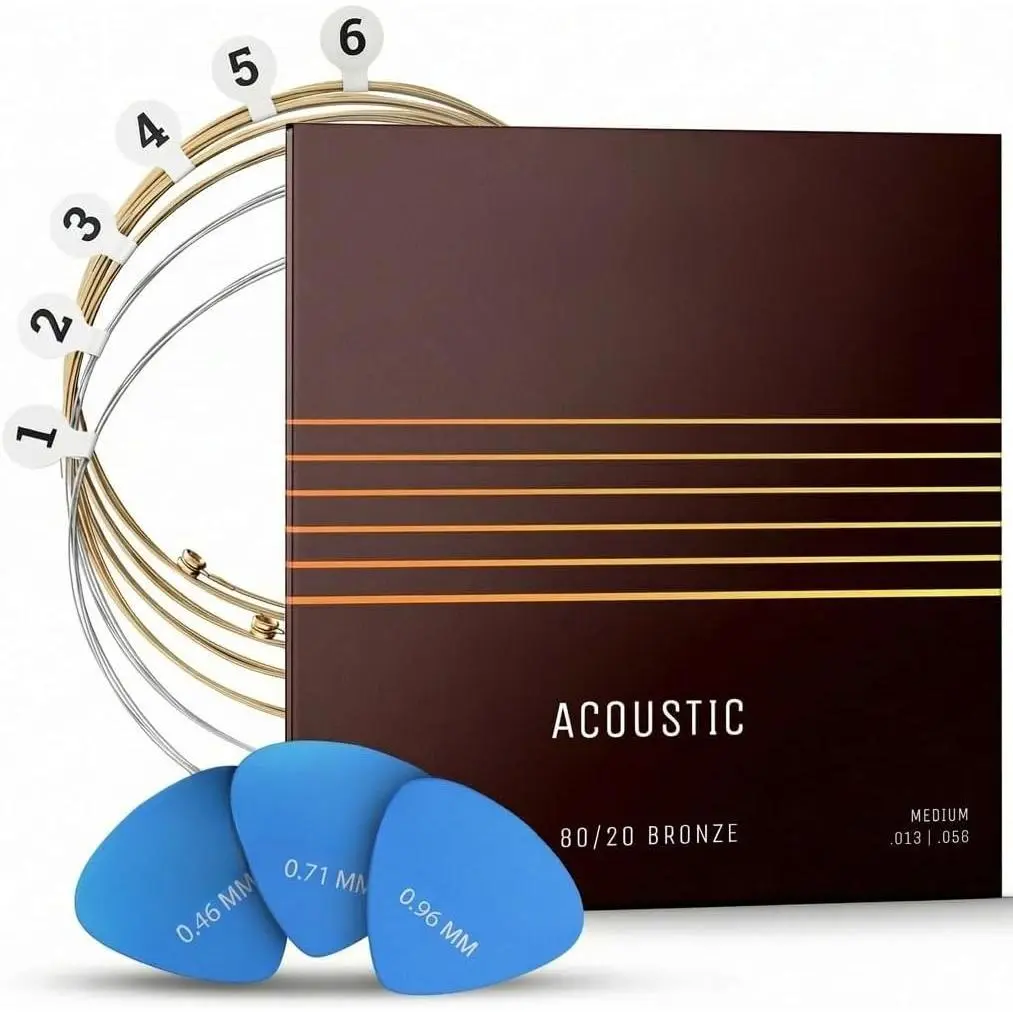 (R) Guitar Strings I Acoustic guitar strings 80/20 Bronze Coating I Brilliant Sound Quality I Includes 3 Picks (Medium 13-56, 1 Set)