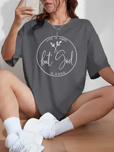 Letter Print Women's  Round Neck Tee Tops, Fashion Casual Crew Neck T-shirt for Daily Holiday Vacation Outdoor Wear, Ladies Clothes for Summer