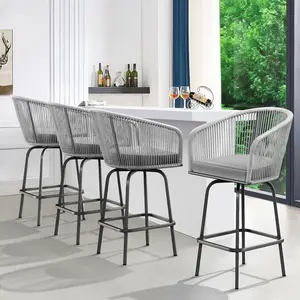 DWVO 4-Piece Patio Woven Swivel Bar Stools,Outdoor Bar Set Chair with Soft Cushions for Backyard Poolside, Garden w/360 Rotation (Gray)