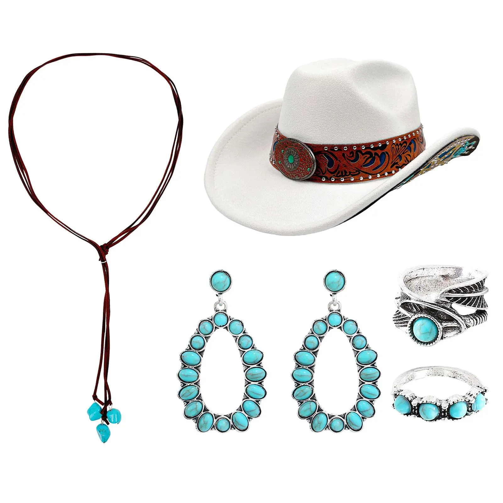 OIDEA Western Cowboy Hat and Turquoise Jewelry Set for Women, Wide Brim Hat with Boho Tassel Necklace, Feather Ring and Drop Earrings