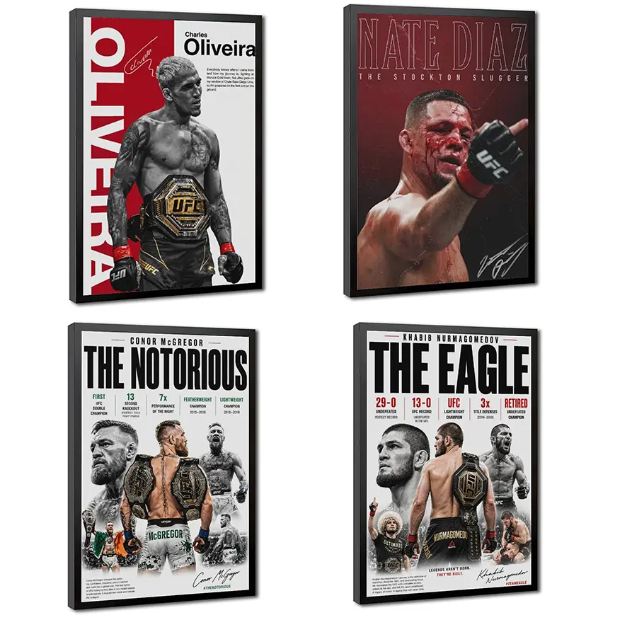 UFC Legendary Canvas Poster Set  Oliveira, McGregor, Nurmagomedov & Diaz Wall Art, Data and Signed Prints, Suitable for MMA Fans' Gyms and Men's Rooms, a Perfect Gift for UFC Enthusiasts
