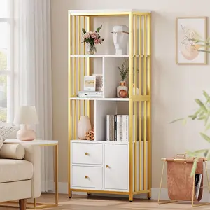 62" Gold Bookshelf w/ 3 Drawers & Door, 4-Tier White Gold Bookcase with Metal Frame, Floor Standing Display Storage Cabinet for Office Living Room