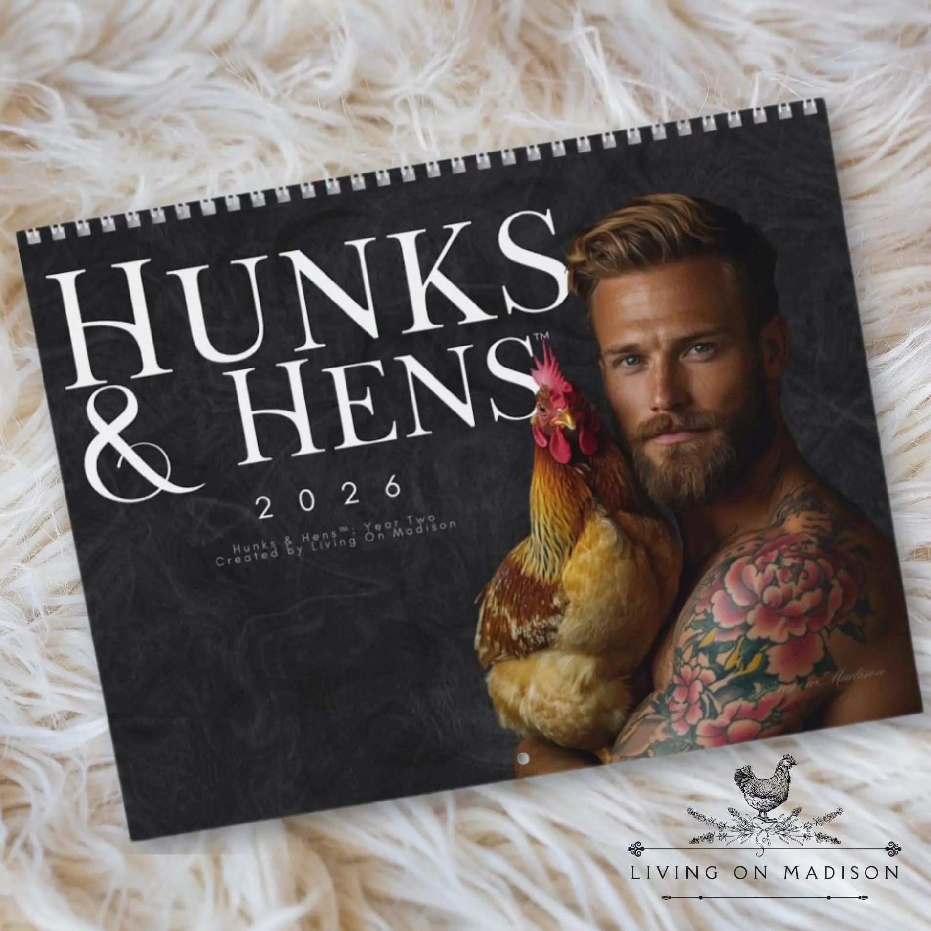 Chicken Wall Calendar _ Hunks & Hens 2026 _ Farmhouse Decor _ Valentine’s Gift for Her
