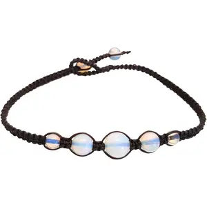 Opal Moonstone Anklet Bracelet Braided Woven Wax Cord Adjustable Anklet for Men Women