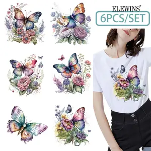 6 Retro Butterfly Floral Heat Transfer Vinyl Sticker Decals for DIY Crafts T-Shirt, Jeans, Backpack, Home Apparel, Hat, and Clothing Decoration, DIY Flower Decor