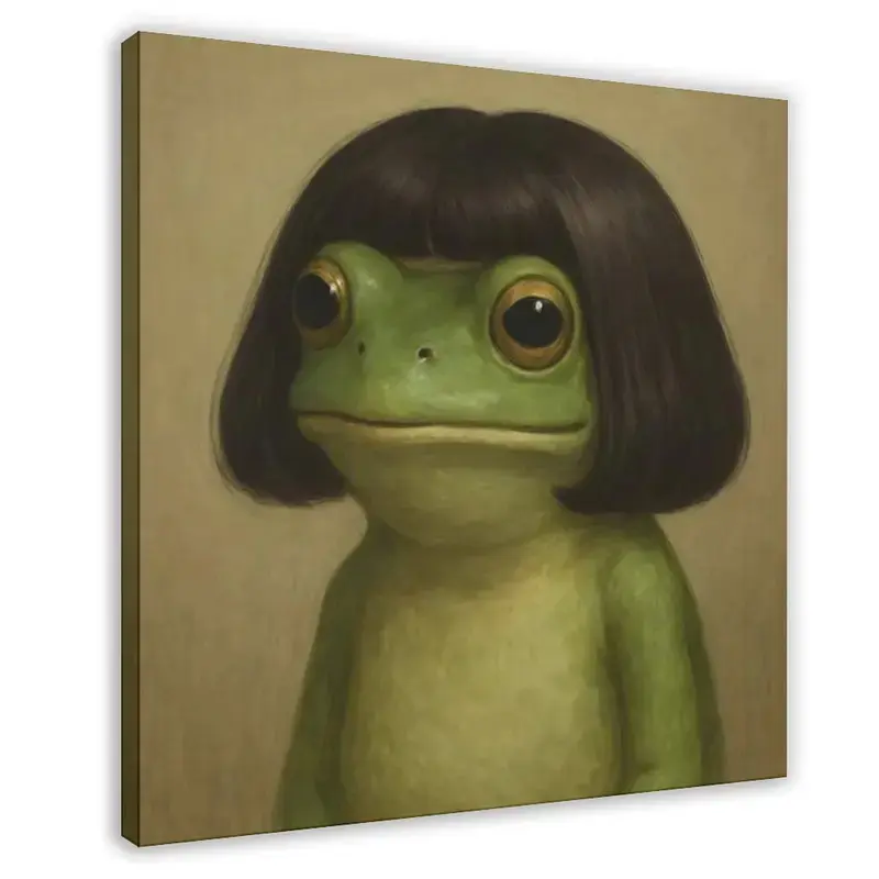 Whimsical Frog Portrait Wooden Framed Canvas Print - Funny Animal Wall Art with Beast Skeleton, Vintage Pumpkin, Spooky Ghost, Witch Hat, Ball Wall Art, Top 100 Scratch Off Gremlins Poster Retro Painting for Classroom Decor