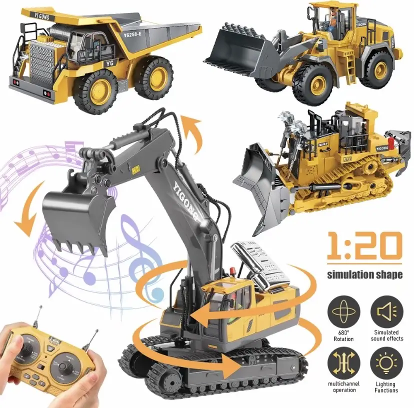 Alloy Remote Control Excavator Toys，2.4G High Tech 11-Channel With Music & Metallic Shovel，Construction Vehicle Toys，Room Decor，Model Ornament，RC Cars