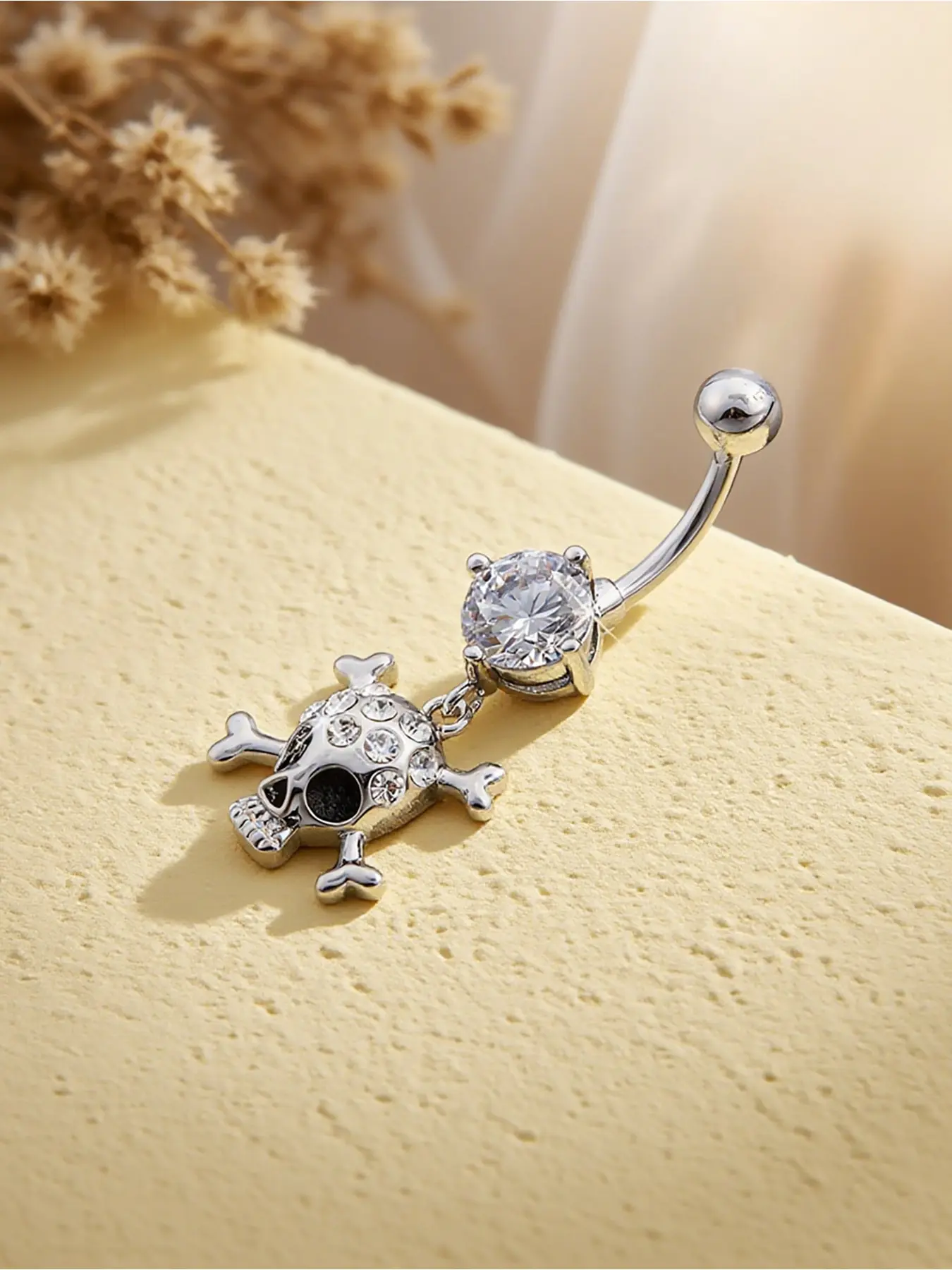 Women's Dark Skull Design Sparkling Artificial Zircon Belly Button Ring, Trendy Edgy Body Jewelry Piercing Accessory, Party Fashion Wear for Women All Seasons, Navel Piercing Jewelry, Body Jewellery