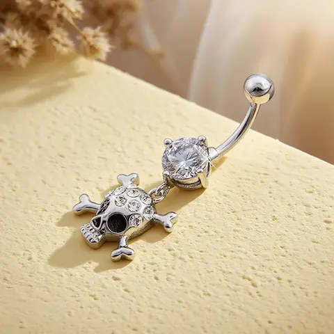 Women's Dark Skull Design Sparkling Artificial Zircon Belly Button Ring, Trendy Edgy Body Jewelry Piercing Accessory, Party Fashion Wear for Women All Seasons, Navel Piercing Jewelry, Belly Rings