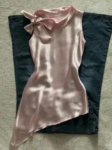 Elegant Women's Sleeveless Satin Top with Tie Neck Design, Comfortable Fit for Parties, Vacations, Holiday