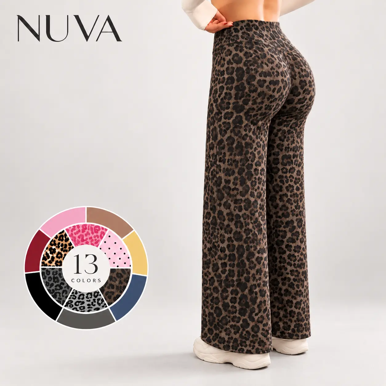 Women's High Waist Straight Leg Yoga Pants, Butt Lifting Slim Fit Workout Trousers, Leopard Print, Cheetah Print, Polka Dot & Solid Color Casual Activewear