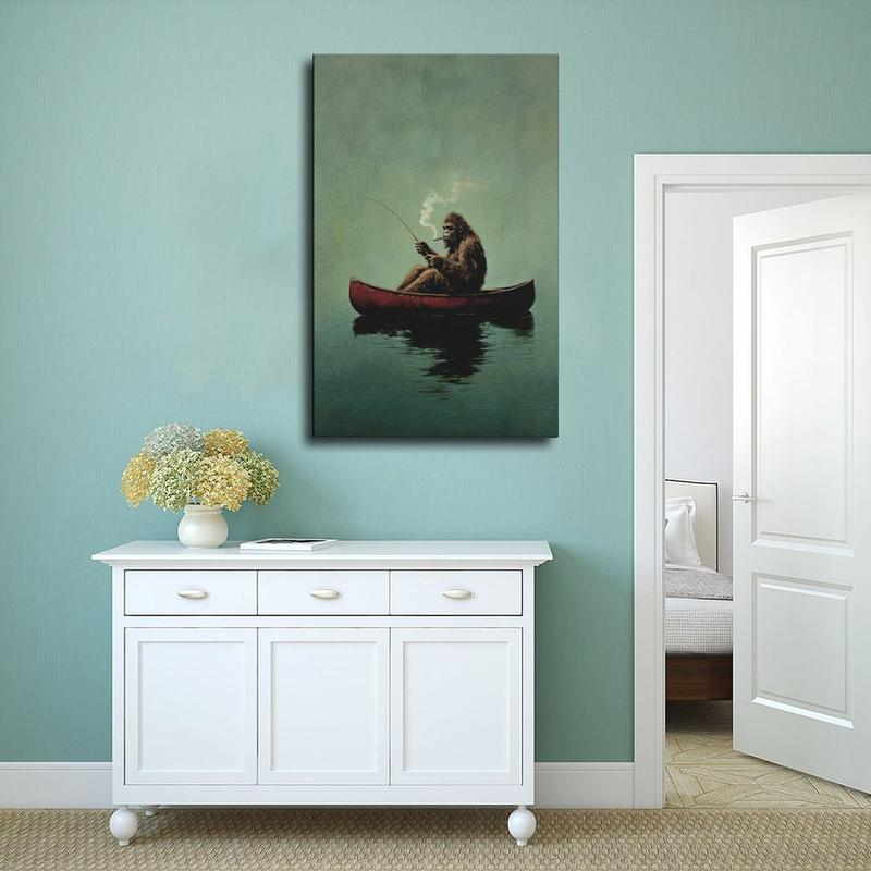 Bigfoot on A Red Canoe Fishing Retro Art Poster Or Canvas Print, Whimsical Sasquatch Wall Art, Lake House Wall Decor, Bigfoot Funny Poster