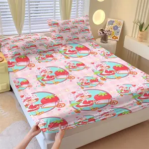 Strawberry Shortcake Giant Strawberry Fitted Sheet Set, 1 Fitted Sheet + 2 Pillowcases - 3 Pcs Soft Breathable Bedding with Deep Pocket, 360° All-Round Wrap, Wrinkle Resistant, Cute Cartoon Bed Sheets for Girls, Full Size