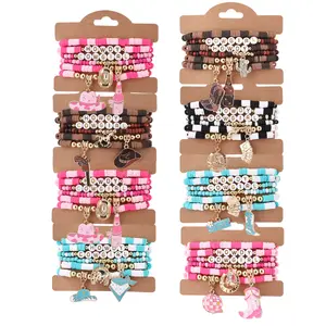 18/36pcs Mix Cowgirl Western Style Stackable Beaded Bracelets Set - Colorful Clay Beads, Cowboy Hat/Cowboy Boot/Cactus/Horseshoe/Wine Bottle Design, Festival Wear Jewelry, Ideal Gift for Anniversaries for Women & Western Style Enthusiasts