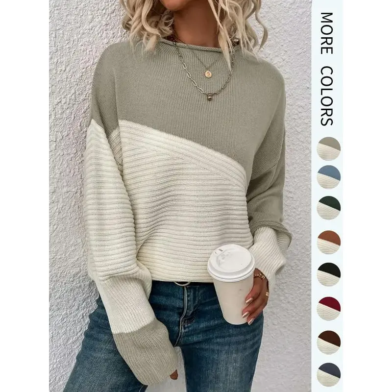 Women's Colorblock Drop Shoulder Sweater, Casual Long Sleeve Round Neck Jumper, Ladies' Knitwear for Daily Wear, Sweaters for Women, Tops, Womenswear