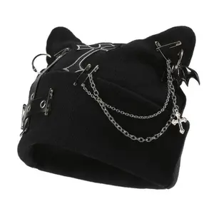2026 New Women's Gothic Cat Ear Beanie with Punk Chain & Bat Charm Y2K Grunge Black Adjustable Machine Washable Streetwear Accessory TikTokShop