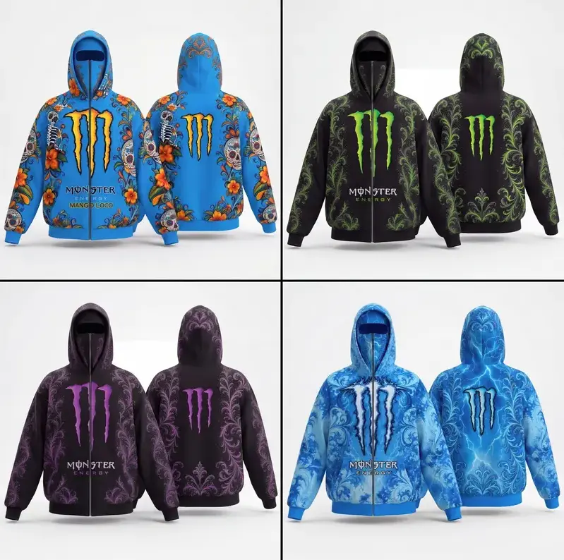 Energy Drink Full Zip Balaclava Hoodie, Casual Sports Outerwear, Streetwear Activewear Pullover, Vintage Scrollwork Pattern Zip Up Sweatshirt