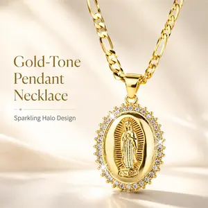 Women's Metal Plated Gold Virgin Mary Guadalupe Religious Pendant Necklace, 13 g, 33 mm, 50 + 5 Cm Chain, Crystal Sparkling, Elegant, Lightweight, Comfortable, Versatile, Feminine Summer Gift for Daily Wear & Special Occasion