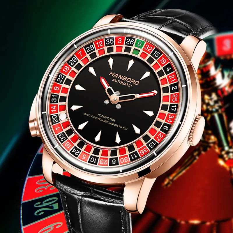 HANBORO Men's Analog Mechanical Automatic Watch - Model 1015, Rotating Wheel Design, Round Shape, Black Leather Strap, 50m Waterproof Wristwatch