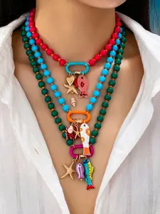 3-Piece Summer Beach Style Multi-Layer Resin Beaded Necklace, Colorful Fish and Starfish Pendants, Bohemian Fashion for Women, Trendy Jewelry