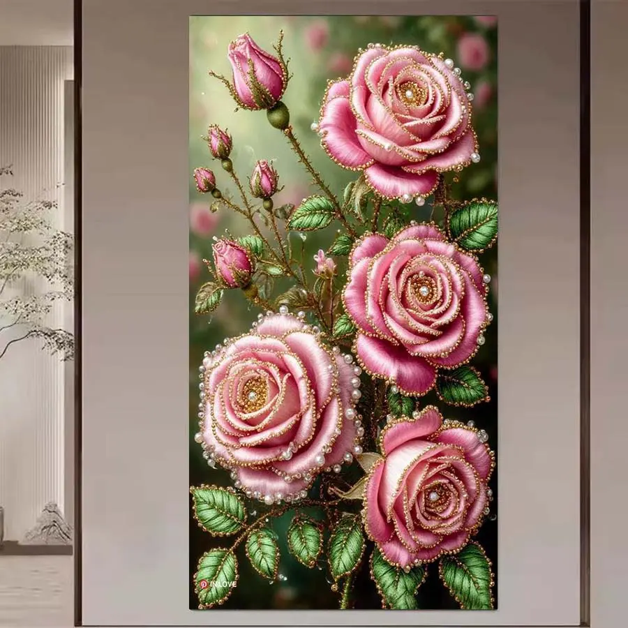 1 set of DIY diamond painting kit, 5D diamond art set, Diamond Art Tools, DIY decoration pink rose, green leaves, pearls. Mosaic, diamond art, DIY art home decor, suitable for Christmas.