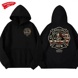 Redline Crew Firefighter Hoodie, Skull Fire Helmet American Flag Graphic, Workman Trading Co Graphic Hoodie for Firefighters & First Responders, Gift for Firemen