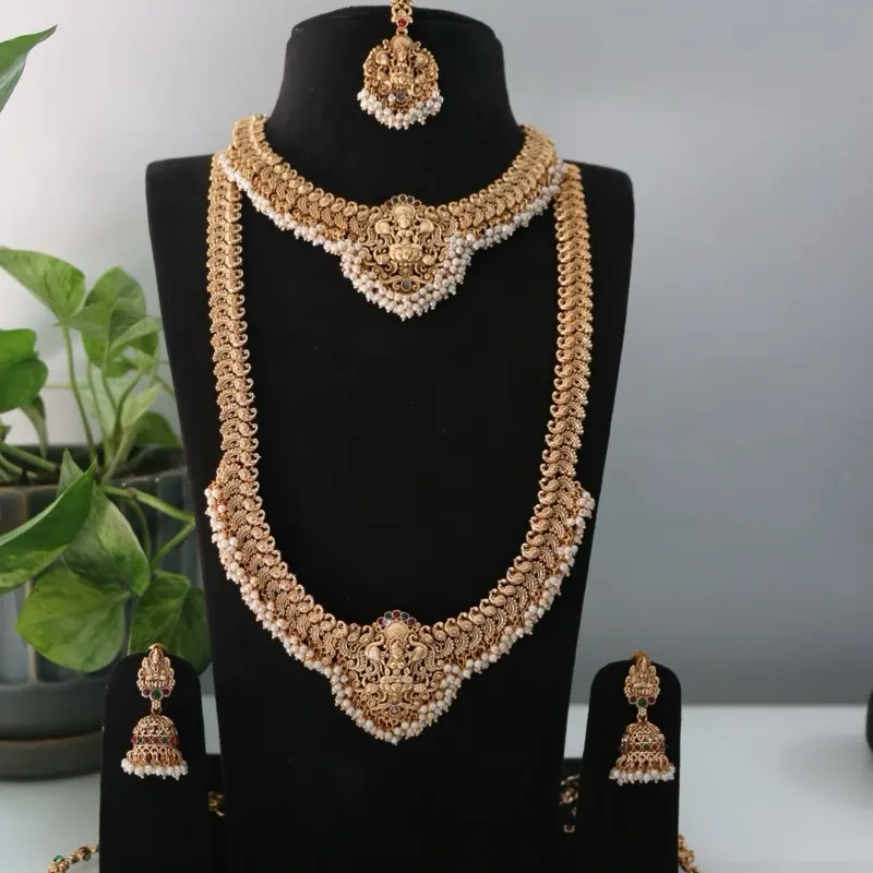 Traditional South-Indian Brass Temple Jewelry Set - Women's Short & Long Necklaces, Earrings, Tikka, Waist Belt