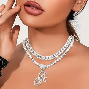 Miami Cuban Chain 2pcs Initial Pendant Necklaces - Layered Heart Shaped Sparkling Pendant - Hip Hop Jewelry Gift for Men Women