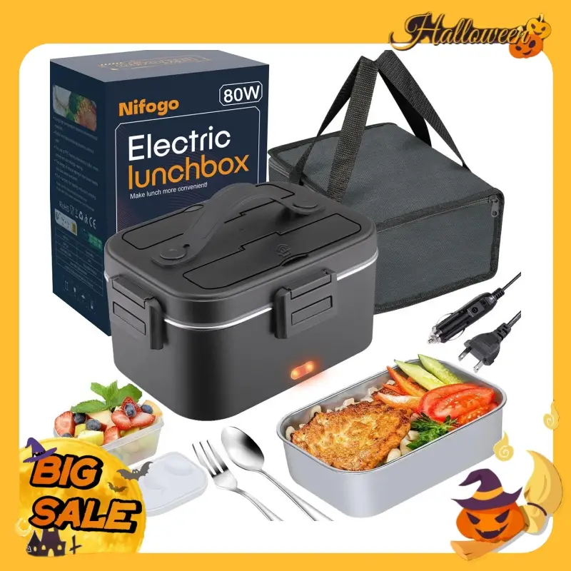 Electric Lunch Box 1.8L Food Heater for Adults, 12V/24V/110V Portable Lunch Warmer Upgraded Heated Lunch Box for Car/Truck/Office with Fork&Spoon and
