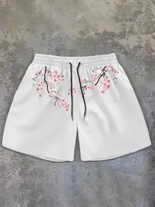 Unisex Japanese-Style Cherry Blossom Elastic Waist Shorts, Lightweight and Casual, Suitable for Street Style and Vacation Occasions.