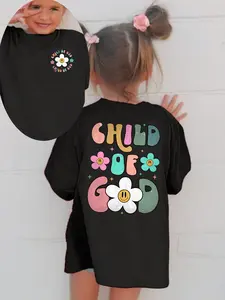 Kids Boys Girls Short Sleeve T-Shirt "Child of God" Smiley Flower Retro Graphic Tee Casual Christian Faith Top