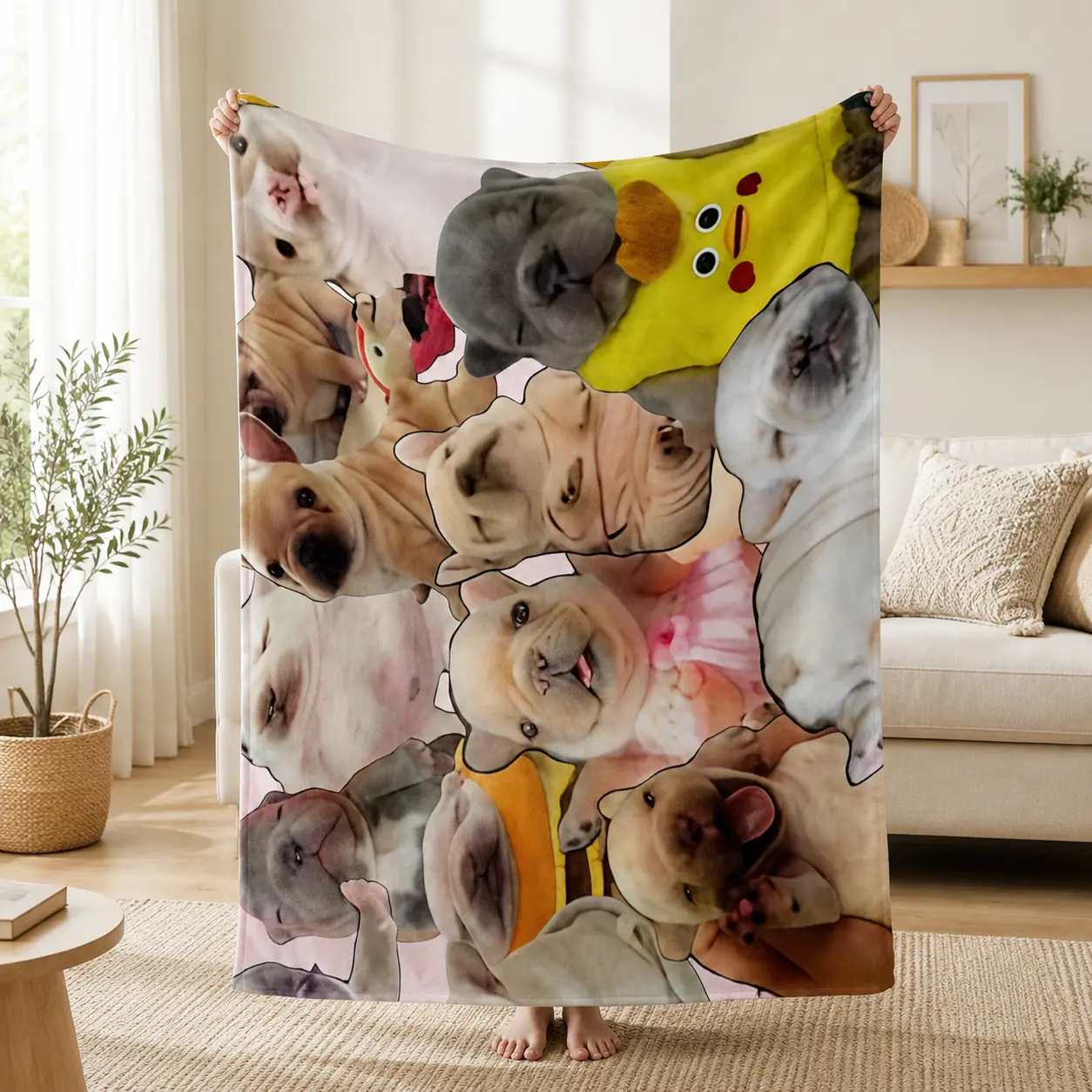 Pink Background Cute Bulldog Puppy Photo Collage Throw Blanket Soft Flannel Cozy Blanket for Dog Lovers Home Decor Gift