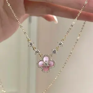Pink Clover Necklace for Women Gold Plated Mother of Pearl Four Leaf Clover Pendant AAA Cubic Zirconia Stones Lucky Charm Jewelry Gift