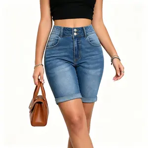 Plus Size Women's Ripped Denim Jean Shorts High Waisted Stretchy Folded Hem Bermuda Short Jeans for Casual Everyday Wear