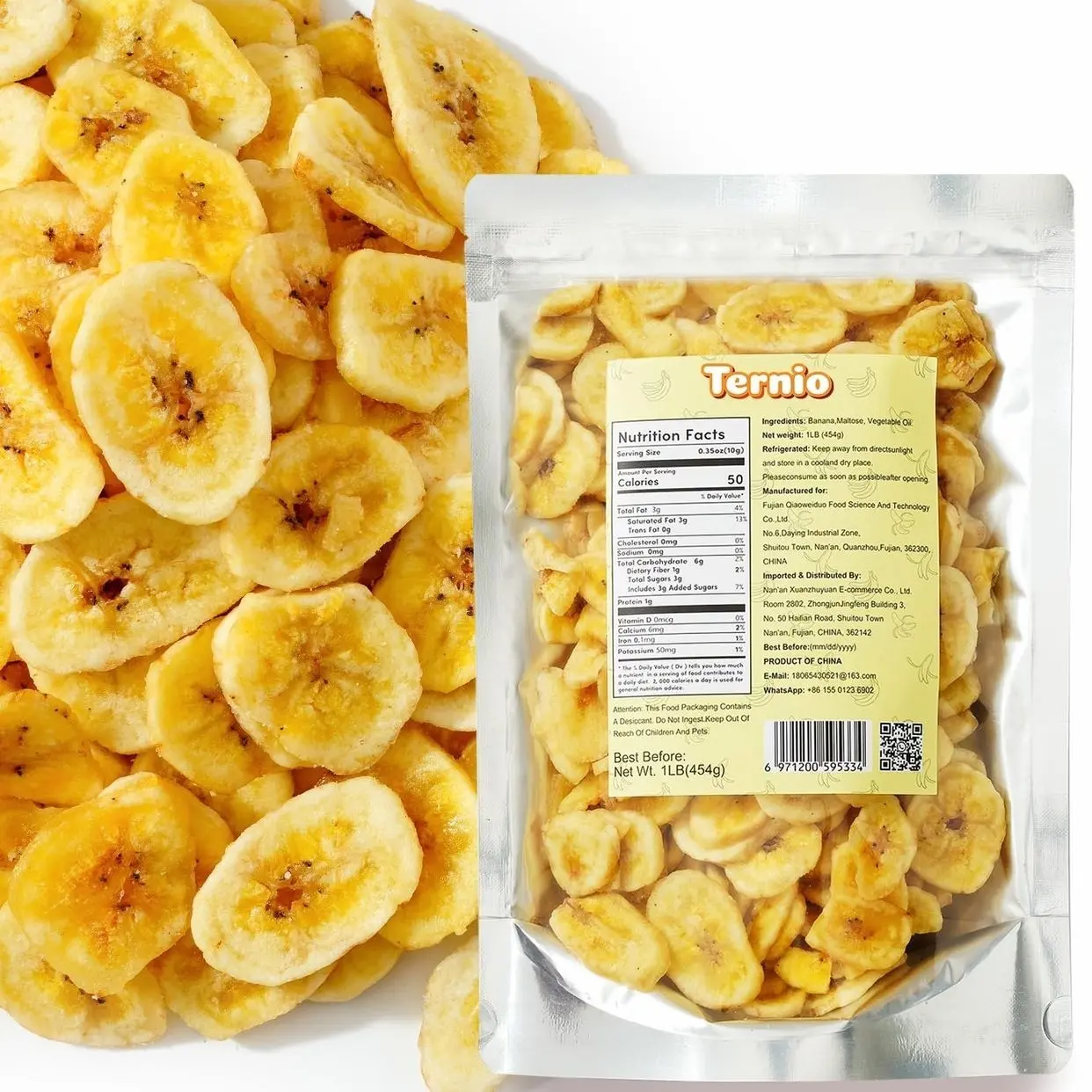 Ternio Dried Banana Chips - 1 lb/453g - Sweetened Dehydrated Banana Flakes - Bulk Healthy Dried Fruit Snack - 100% Natural.