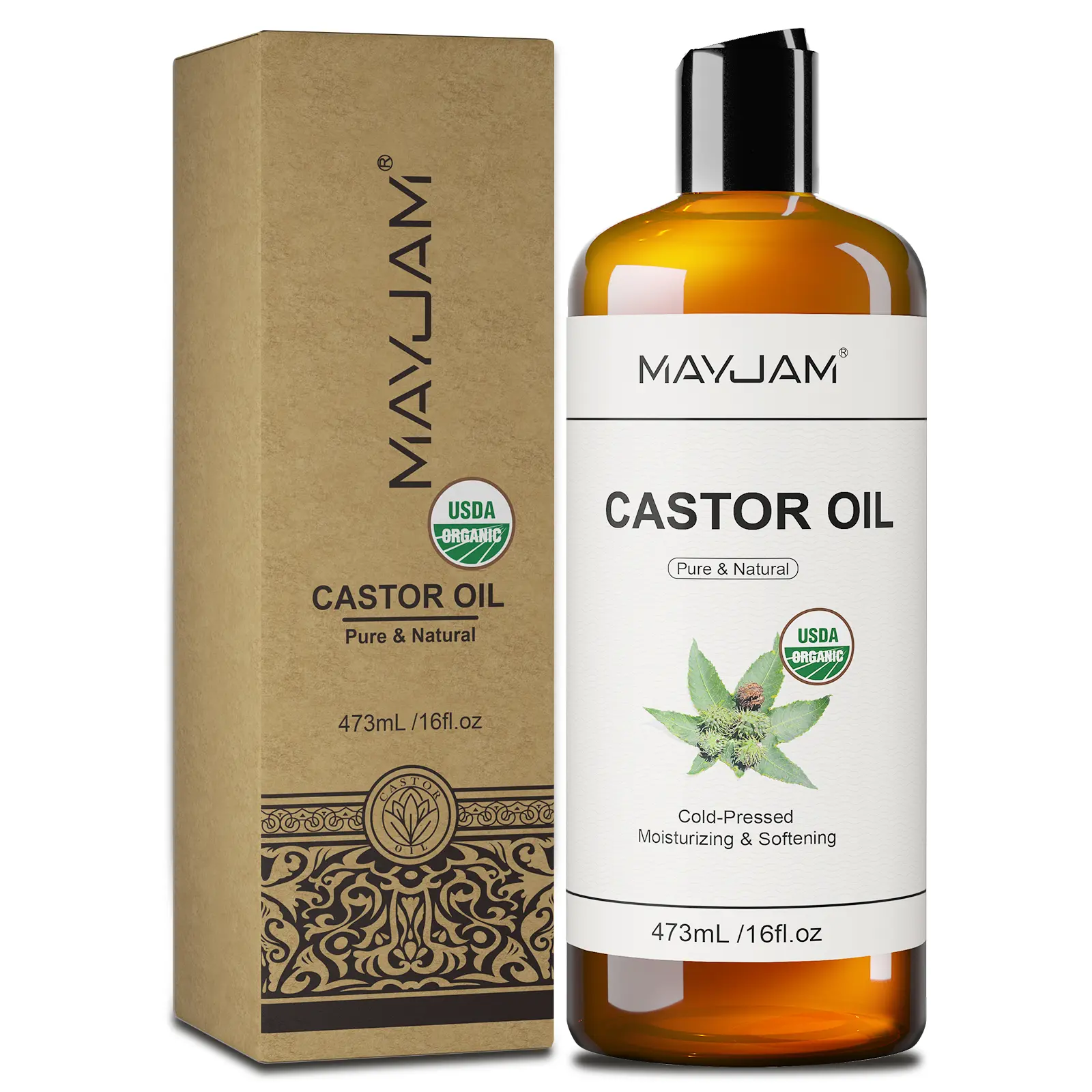 MAYJAM Castor Oil 16oz, Cold Pressed USDA Certified Organic for Hair Growth&Skin body oil for Eyebrows, Eyelash Carrier Oil Haircare Hydrating