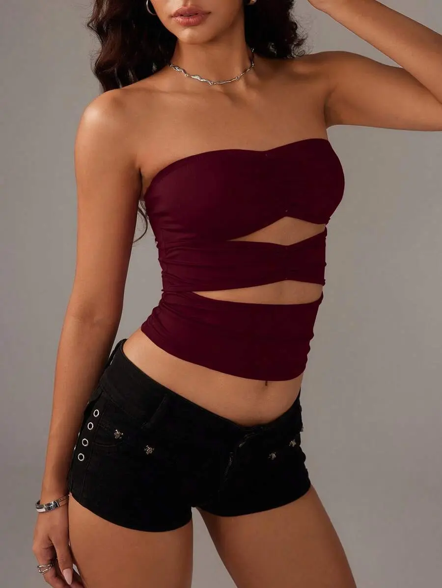 LUNA LAYER Womens Solid Color Ruched Cutout Crop Top Strapless Backless Cami Vest