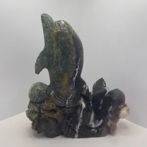 Crystal Dolphin Statue Gift for Family and Friends/Black Red Agate Dolphin Sculpture for House Decoration