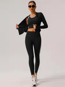 Three-Piece Set Women's Solid Crop Sports Vest & Long Sleeve Zip Up Jacket & High Waist Leggings Set, Casual Comfy Breathable Lightweight Activewear Outfits for Yoga Gym Workout Running, Ladies Sportswear for All Seasons