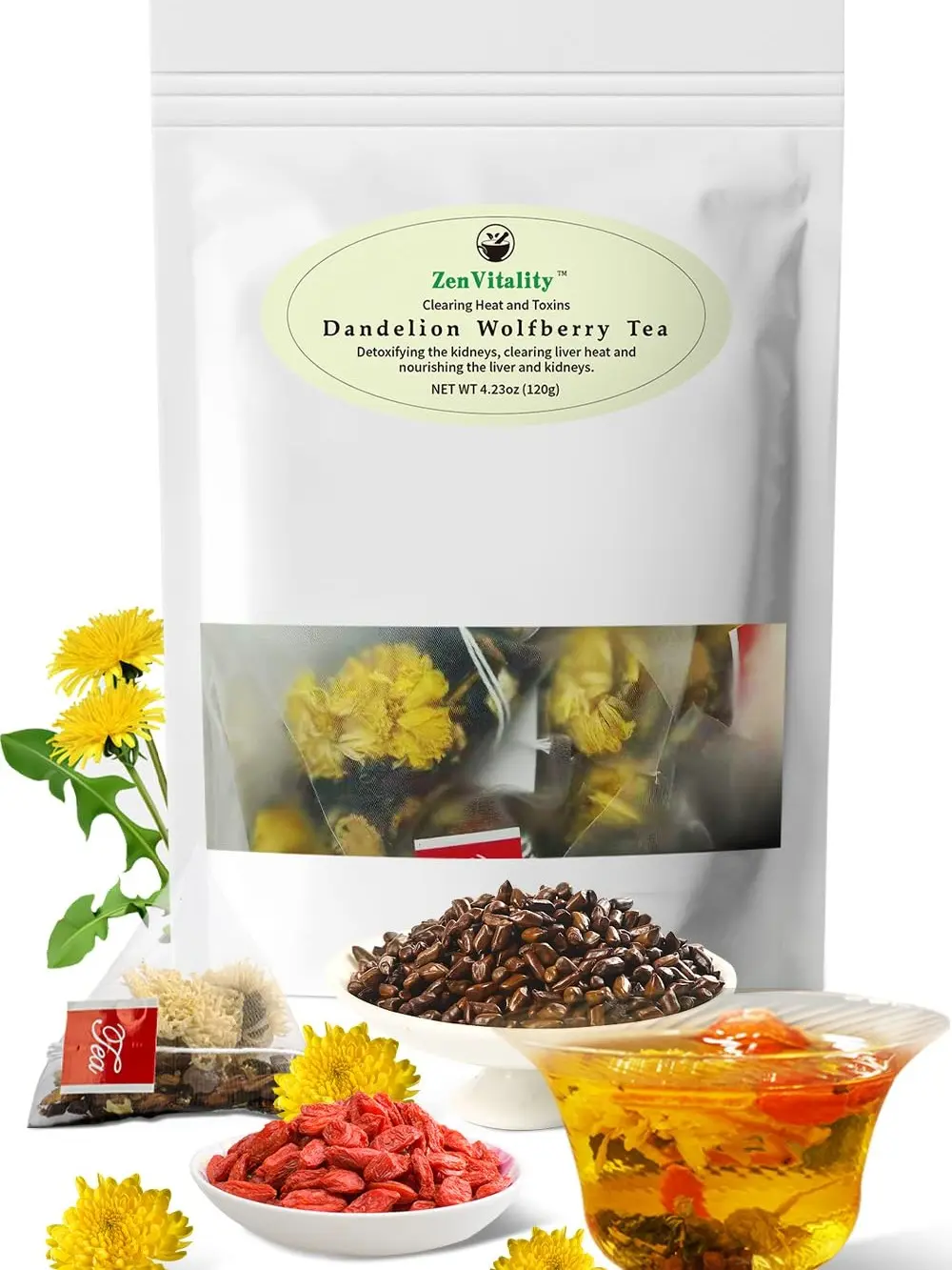ZenVitality Organic Dandelion Wolfberry Tea Bags 120g - Herbal Wellness Blend with Goji, Chrysanthemum, Cassia Seed, Gardenia & Orange Peel