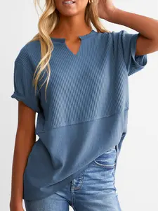 Shewin Summer Outfit Women's V-Neck Short Sleeve Knit Top, Solid Color, Plus Size, Fits Essential Women's Clothes for Casual Wear Beach Tee T Shirt Intimates