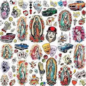 6 Sheets 3D Chicano Temporary Tattoos For Women Men Adults, Watercolor Guadalupe Fake Tattoo Sticker, Prison Gangster Cholo Mexico Joker Chicana Halloween Tattoos Face, Tatuajes Temporales Autocolante