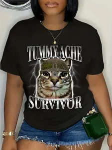 100% Cotton Unisex Tummy Ache Survivor Cat Meme Funny Saying Cats Animals T-Shirt