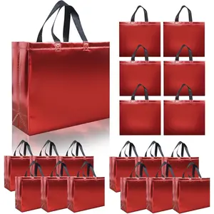 15 count Glossy Red   Bags with Handle, 12.6 x 4.7 x 11 In Non-woven Party Bag with Sturdy Base, Non-woven Holiday  Bags Bulk for Birthday, Wedding, Party, Graduation