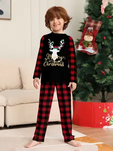 Christmas Kids' Fire-Resistant Pajamas Set, Cute Reindeer Horns Top & Plaid Pants, Fitted Long Sleeve Sleepwear for Fall Winter