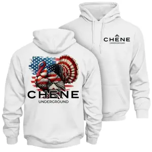 Chene Underground Turkey Hunting Hoodie – Patriotic Wild Turkey Gobbler with American Flag Graphic Back Print, Outdoor Turkey Hunter Apparel for Spring Gobbler Hunting and American Hunting Lifestyle