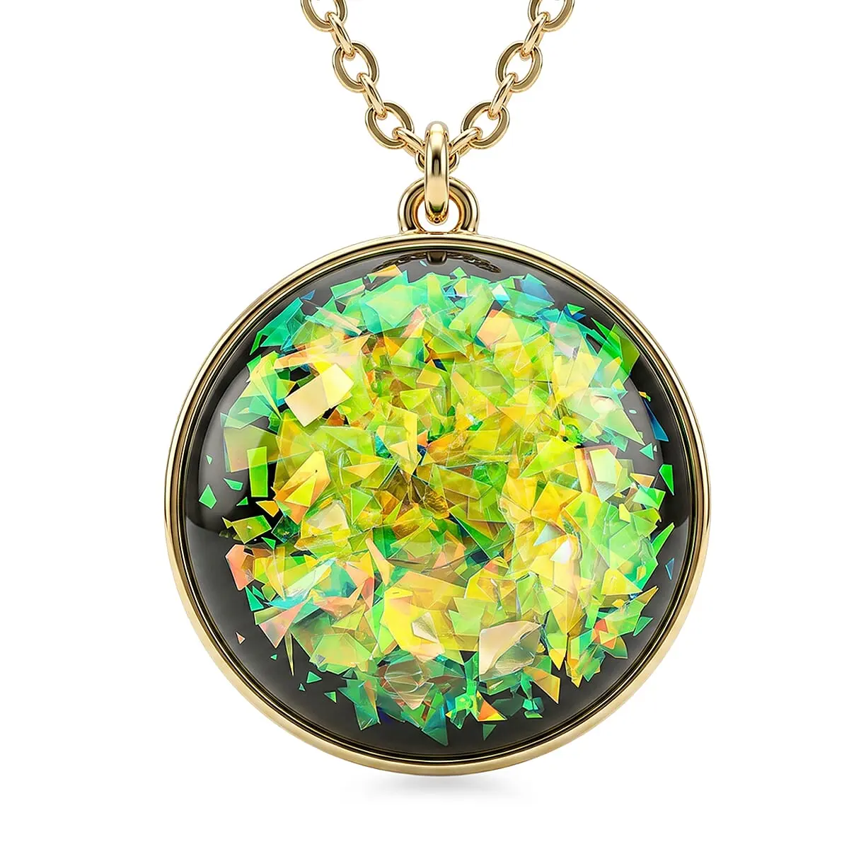 Round Created Opal Pendant in Goldtone with Stainless Steel Necklace (16-18 Inches) 24.90 ctw