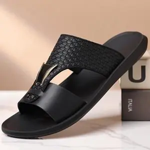 Summer Secret Men's Black/White Leather Slide Sandals with Arch Support Anti-Slip Sole Comfortable for Wide/Narrow Feet Stylish Beach & Indoor Use Boy Footwear Walking Shoes