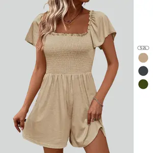 Imily Bela Womens Summer Smocked Romper Ruffle Sleeve Square Neck Flowy Short Jumpsuit Beach Vacation Outfits